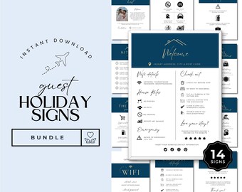 May include: A set of 14 printable signs for a holiday rental property. The signs are in a blue and white colour scheme and include information such as "Meet Your Host", "House Rules", "Emergency Details", "Wifi", "Check Out", and "Love Your Stay?" The signs are editable in Canva and are 8.5 x 11 inches.