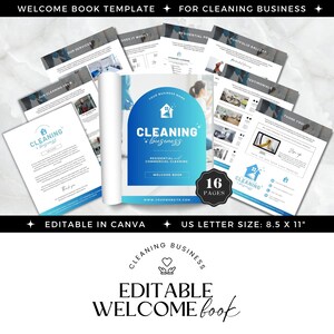 Op de afbeelding: Een blauwe en witte welkomstboektemplate voor een schoonmaakbedrijf. De omslag heeft een huisstijlpictogram en de tekst "Cleaning Business". Het boek is 16 pagina's lang en is bewerkbaar in Canva. De tekst "US Letter Size: 8.5 x 11" is ook inbegrepen.