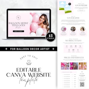 Modello di sito web per attività di palloncini, modello di sito web Canva modificabile per artisti di decorazioni con palloncini, pagina di vendita facile da modificare, landing page, rosa