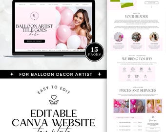 Szablon witryny internetowej firmy balonowej, edytowalny szablon witryny Canva dla artysty dekorującego balonami, łatwy do edycji Strona sprzedaży, strona docelowa, różowy