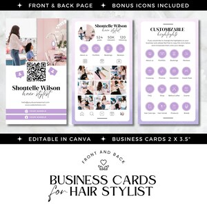 以下が含まれることがあります： ヘアスタイリスト用の紫と白のビジネスカード2枚。表のカードには、スタイリストが顧客の髪をスタイリングしている写真が掲載されています。裏のカードには、ヘアスタイルの写真のグリッドと、カスタマイズ可能なハイライトのリストが掲載されています。カードのテキストには、「Shontelle Wilson、ヘアスタイリスト」と記載されています。