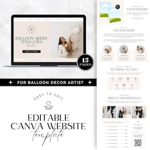 Può includere: Modello di sito web Canva modificabile per artisti di decorazioni con palloncini. Il modello include 15 pagine con sezioni per chi siamo, prezzi, servizi e occasioni speciali. Il modello è facile da modificare e personalizzare.