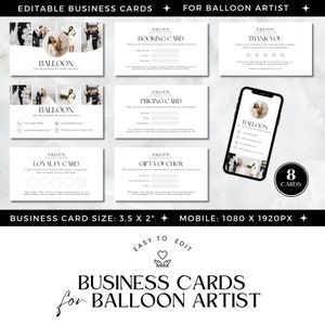 Tarjetas de presentación con guirnaldas de globos, tarjetas de presentación para planificadores de globos, servicio de artistas de globos, pequeñas empresas, minimalistas, plantillas editables de Canva