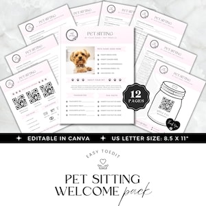 May include: A pet sitting welcome pack with a pink and white design. The pack includes forms for pet profiles, appointment information, and payment details. The US Letter size is 21.59 x 27.94 cm. The pack is editable in Canva.