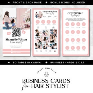 以下が含まれることがあります： 美容師向けのピンクと白の名刺デザイン。デザインには、表裏ページ、電話画面のモックアップ、ボーナスアイコンが含まれています。名刺のサイズは5.08 cm x 8.89 cmです。