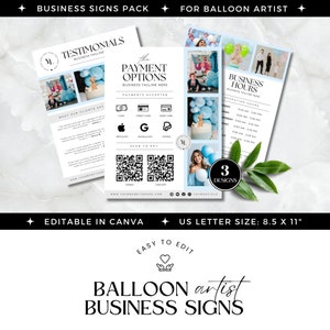 Ballon Business Marketing, Ballon Künstler Schilder, Scan-to-Pay, Kundenmeinungen und Geschäftszeiten Schild, Ballongirlande & Bogen, bearbeitbar in Canva