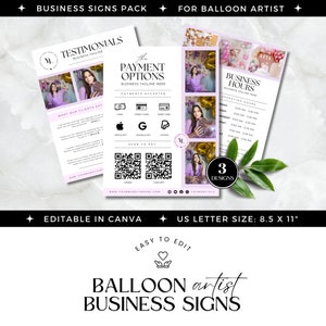 Ballon Business Marketing, Ballon Künstler Schilder, Scan-to-Pay, Kundenmeinungen und Geschäftszeiten Schild, Ballongirlande & Bogen, bearbeitbar in Canva