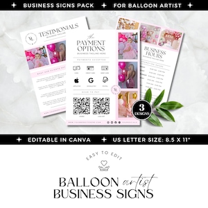 Ballon Business Marketing, Ballon Künstler Schilder, Scan-to-Pay, Kundenmeinungen und Geschäftszeiten Schild, Ballongirlande & Bogen, bearbeitbar in Canva
