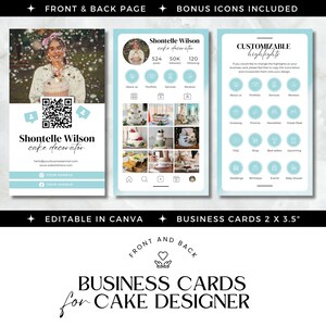 以下が含まれることがあります： ケーキデコレーター用の名刺デザイン。前面には写真、連絡先情報、QRコードが表示されています。背面には、ケーキの写真とカスタマイズ可能なハイライトを備えたソーシャルメディアプロファイルのレイアウトが表示されています。デザインはCanvaで編集可能です。