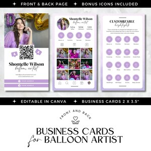 以下が含まれることがあります： 風船アーティストのための紫と白のビジネスカードテンプレート。カードの表にはアーティストの写真とQRコードが掲載されています。カードの裏面にはソーシャルメディアアイコン、サービスリスト、カスタマイズ可能なハイライトが含まれています。