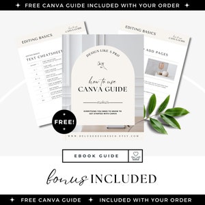 Może przedstawiać: Czarno-biały przewodnik ebooka z tytułem "How to use Canva Guide" i tekstem "Everything you need to know to get started with Canva". Przewodnik jest bonusem dołączonym do zakupu ebooka.
