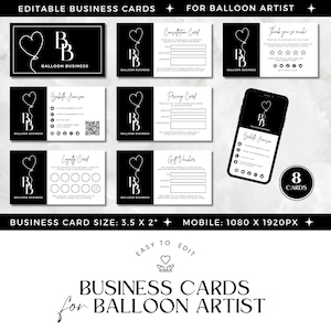 Tarjetas de presentación con guirnaldas de globos, tarjetas de presentación para planificadores de globos, servicio de artistas de globos, pequeñas empresas, blanco y negro, plantillas de Canva