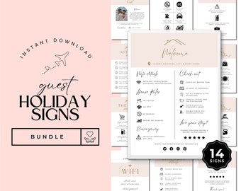 May include: A set of 14 printable signs for a holiday guest house. The signs are in a minimalist style with a pink and white colour scheme. The signs include information about the house rules, wifi details, check-out instructions, and emergency contact information. The signs are editable in Canva and are 8.5 x 11 inches.
