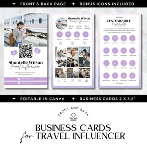 以下が含まれることがあります： 旅行インフルエンサー向けの、カスタマイズ可能なビジネスカードテンプレート。表は、紫と白のデザインで、QRコード、ソーシャルメディアアイコン、そして「Shontelle Wilson Travel Influencer」というテキストが書かれています。裏は、紫と白のデザインで、画像のグリッドとカスタマイズ可能なハイライトが書かれています。