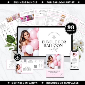 Balloon business bundle, balloon arch artist service, editable Canva templates including planner, forms, price list, scan to pay, contract