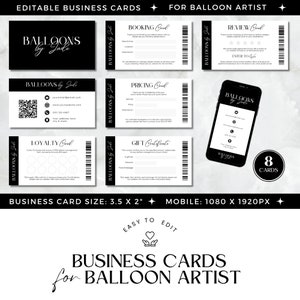 Tarjetas de presentación con guirnaldas de globos, tarjetas de presentación para planificadores de globos, servicio de artistas de globos, pequeñas empresas, blanco y negro, plantillas de Canva