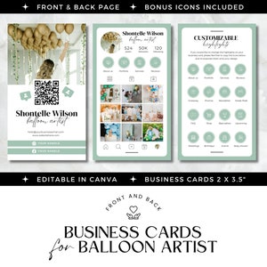 Visitkort för ballongkonstnär, skanning av visitkort för Instagram, Ig-layout med QR-kod, dekoratör för ballongevenemang, grön redigerbar Canva-mall