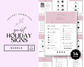 May include: A set of 14 printable signs for a holiday rental. The signs are pink and white with black text and icons. The signs include information about the house rules, wifi, check-out, emergency contact, and more. The signs are editable in Canva and are 8.5 x 11 inches.