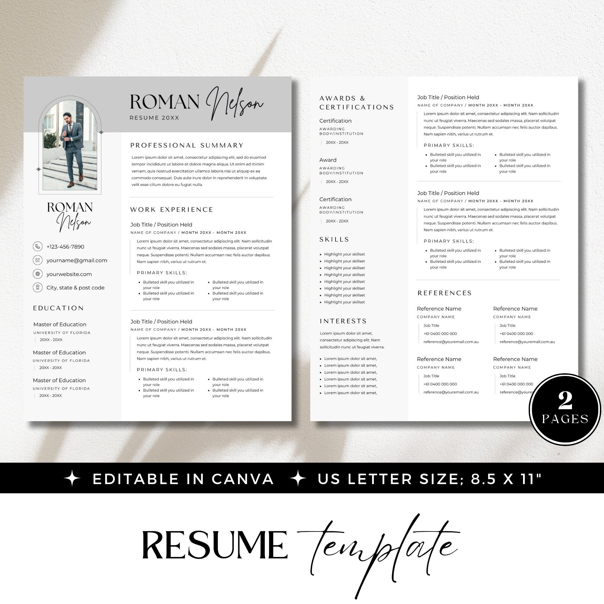 Resume template, editable Canva CV layout, eye catching curriculum vitae, Change of career, add a photo, professionally designed, grey