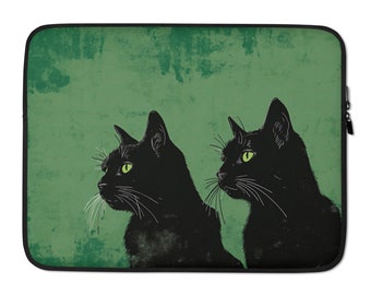 Custom laptop sleeve, personalized case, stylish cover, designer pouch, waterproof bag, slim laptop case, cat design, black cat.