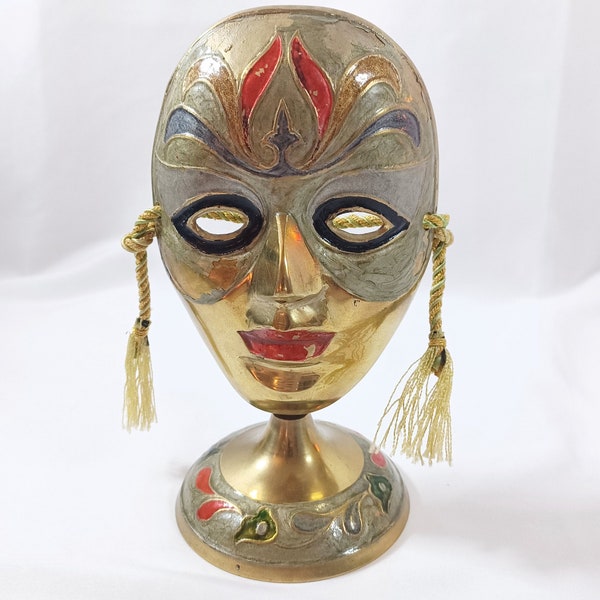 Vintage Brass Mask on Stand 7'' tall, Venetian mask hand painted, Venetian mask decoration