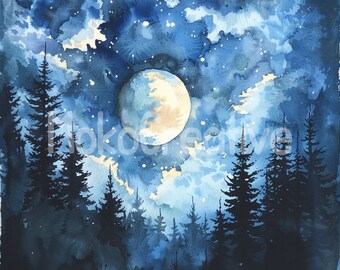水彩画で描く月明かりの森の風景：夜空をモチーフにした16種類の