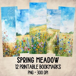 Pode incluir: Doze marcadores imprimíveis com uma pintura em aquarela de um prado primaveril com flores silvestres e um caminho. O texto "SPRING MEADOW 12 PRINTABLE BOOKMARKS PNG - 300 DPI" está na parte inferior da imagem.