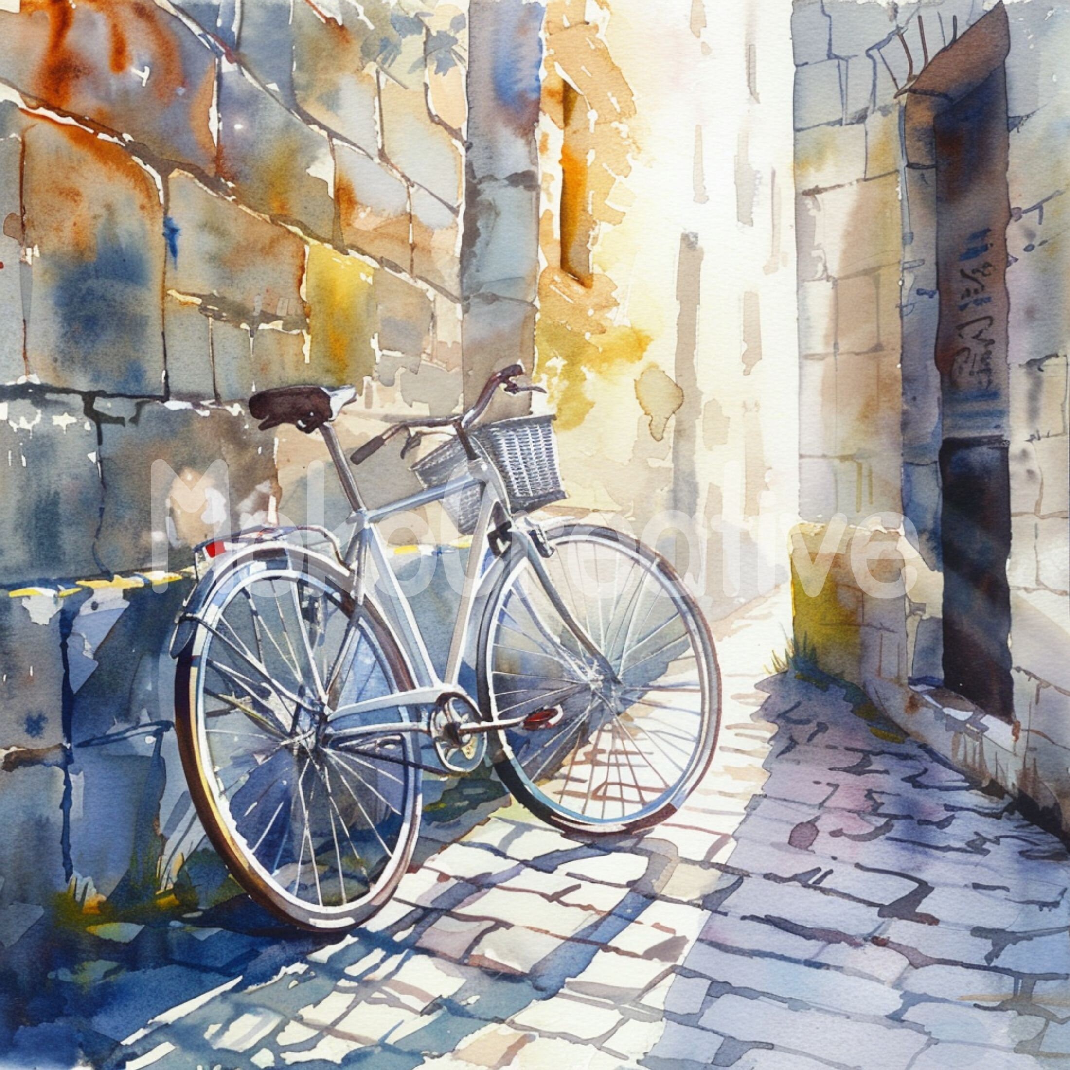 水彩画：自転車と風景 2006年作 水彩画の自転車プリント：傾いた自転車のウォールアート（デジタル