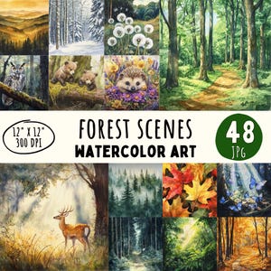48 modèles de scènes de forêt aquarelles, forêt d'été de cerfs mignons pour les enfants, art mural, fabrication de cartes, impression numérique, usage commercial, téléchargement immédiat