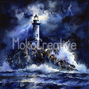 15 modèles de nuit de tempête de phare de haute qualité, art mural aquarelle vagues de l'océan, fabrication de cartes, impression numérique, usage commercial téléchargement immédiat