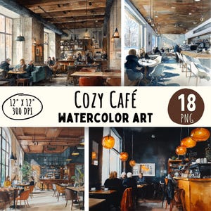 Cozy Cafe Watercolor Art: 18 PNG Designs for Commercial Use (Digital Download)
