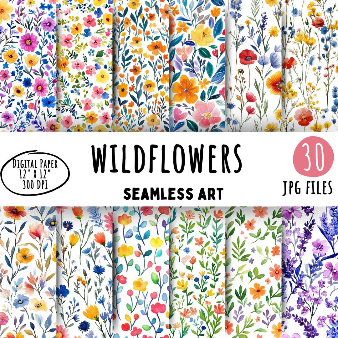 30 Watercolor Wildflower Patterns: Floral Seamless Digital Paper ...