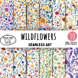 30 Wildflowers Pattern, Floral Spring Digital Papers, Cute Watercolor Flower Seamless Pattern, Digital, Commercial Use, Instant Download