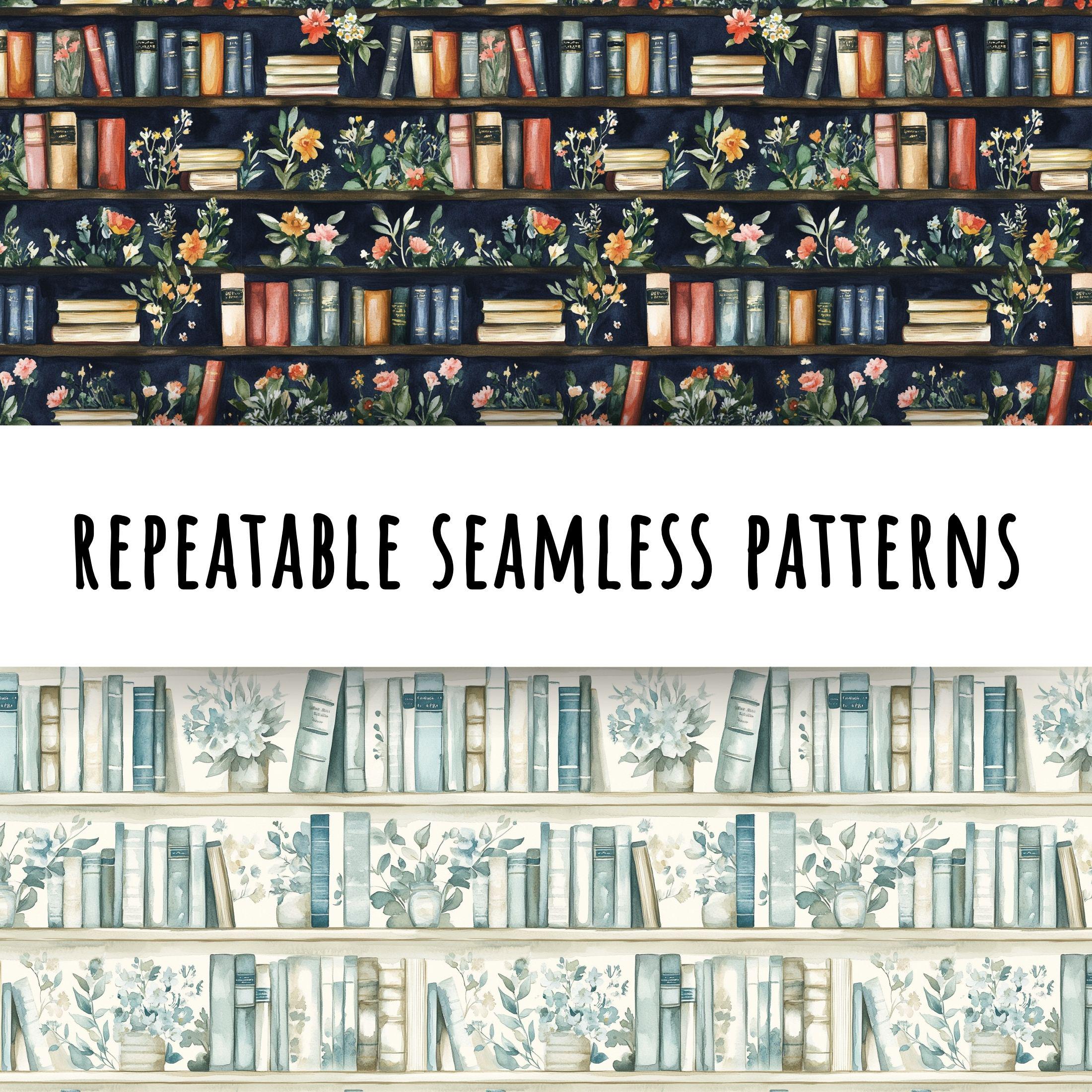 Floral Bookshelf Digital Paper: Watercolor Library Seamless Pattern ...