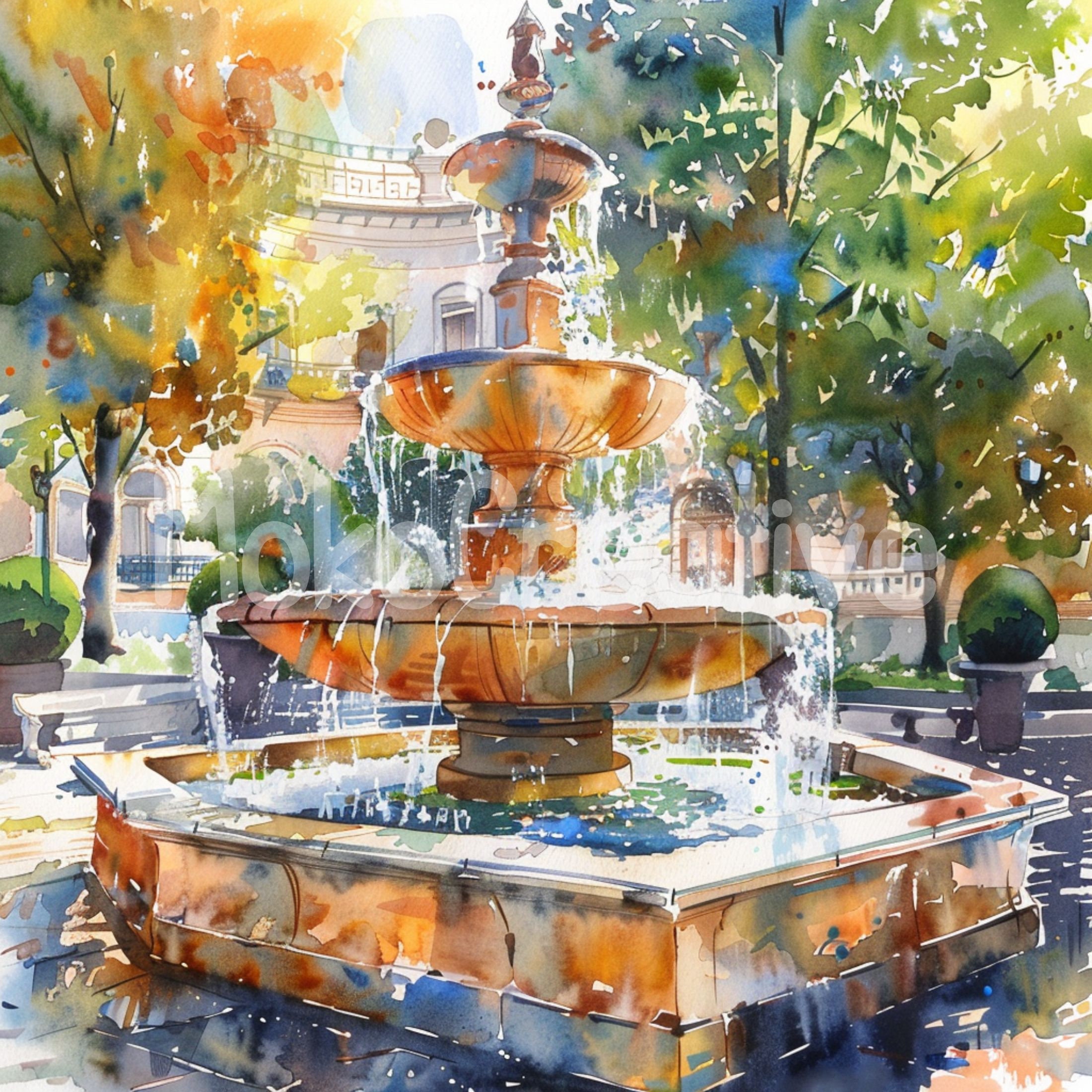 ♡たまみな♡水彩画　庭の噴水と秋の訪れ　値段※900円です 水彩画の噴水アートプリント：夏の街のデザイン（デジタルダウンロード