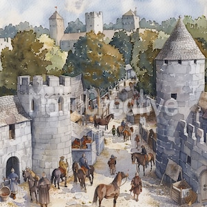 Watercolor Medieval Town Print: Castle Village Designs (Digital Download)