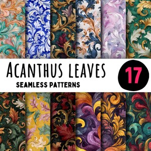 May include: A collection of 17 seamless patterns featuring acanthus leaves in various colors. The patterns include shades of blue, gold, green, purple, and red. The text "Acanthus Leaves Seamless Patterns" is displayed below the patterns.