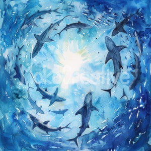 9 disegni di alta qualità di Shark Feeding Frenzy, arte murale di pesci oceanici ad acquerello, creazione di biglietti, stampa digitale, uso commerciale, download immediato