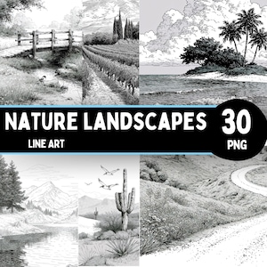 Nature Landscapes, Line Art Black and White, Digital Download