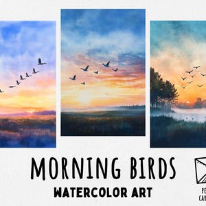 Diseños de aves matutinas en acuarela, imágenes prediseñadas de gansos volando, imprimibles para hacer tarjetas, arte mural con paisajes para uso comercial, descarga instantánea