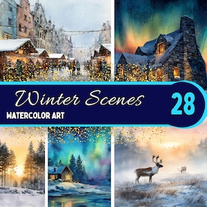 Winter Scenes Clipart 28 PNG, Watercolor Holiday Scene, Cozy Christmas Art