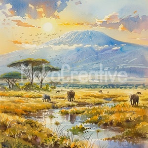 12 disegni di alta qualità raffiguranti il Monte Kilimanjaro, stampe murali con safari in Africa ad acquerello, creazione di biglietti, stampa digitale, uso commerciale, download immediato