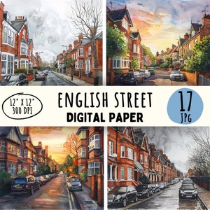Peut inclure: Un pack de papier numérique avec quatre illustrations à l'aquarelle d'une rue en Angleterre. Les illustrations représentent une rangée de maisons en briques avec des portes et des fenêtres rouges, un lampadaire et des voitures garées sur le côté de la route. Le ciel est bleu clair avec des nuages. Les illustrations mesurent 12 pouces par 12 pouces et 300 DPI.
