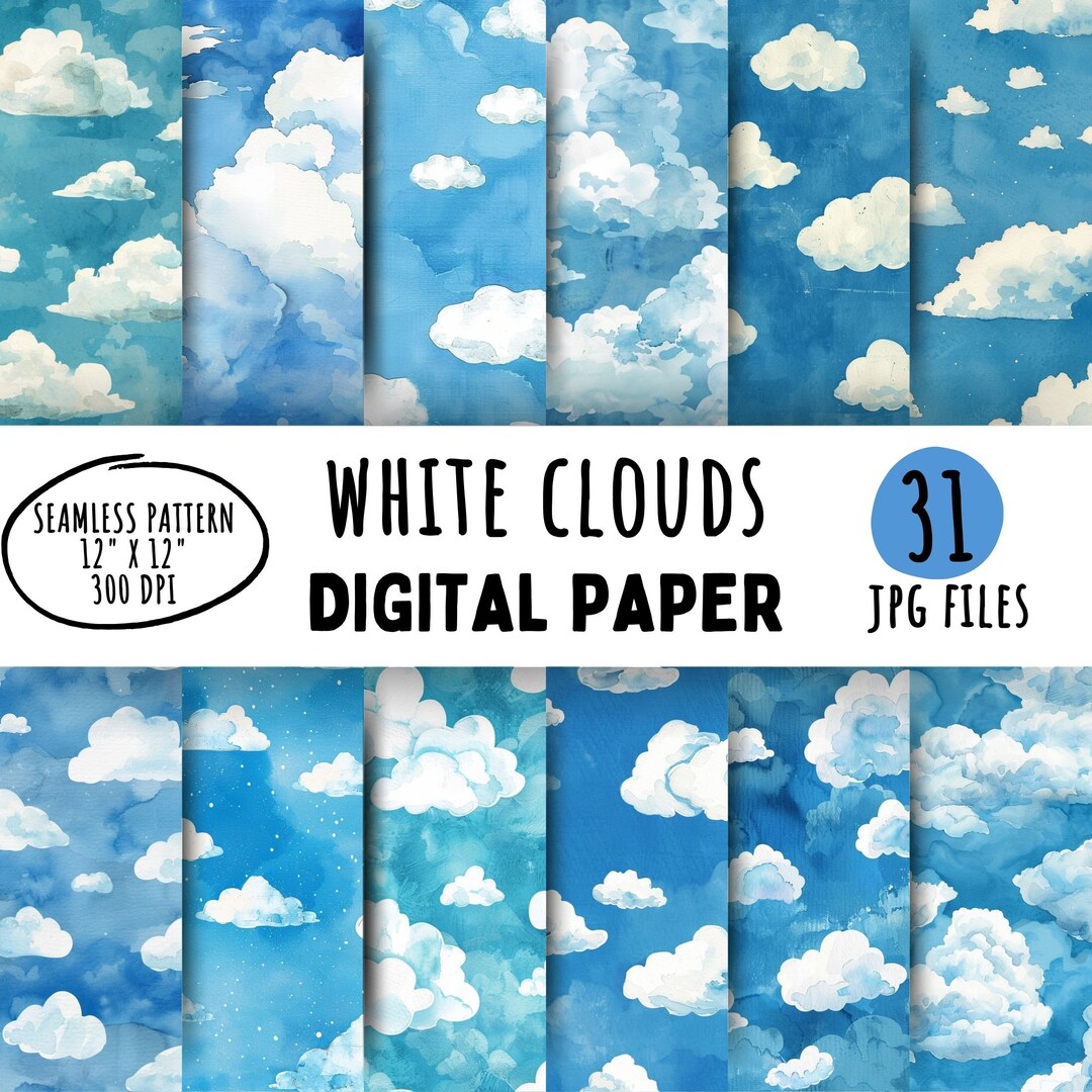 31 White Clouds Digital Papers, Seamless Fluffy Clouds Summer Blue ...