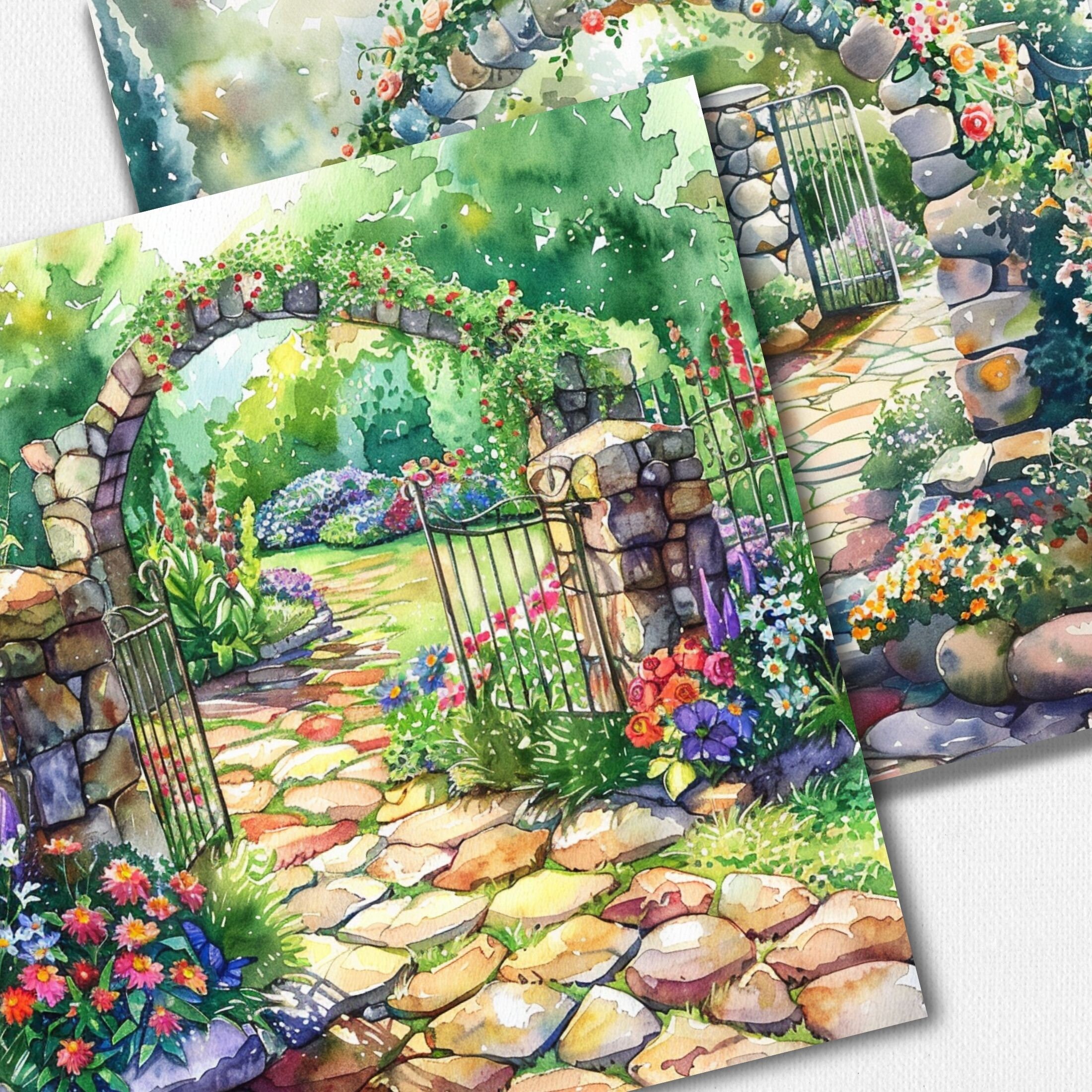 水彩画で描く夏の庭園デザイン：花々が咲き誇る風景画（デジタル