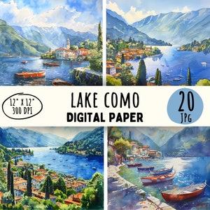 20 disegni di alta qualità sul Lago di Como, acquerello del Lago d'Italia, paesaggio estivo, spiaggia europea, barca, stampa artigianale per uso commerciale, download immediato