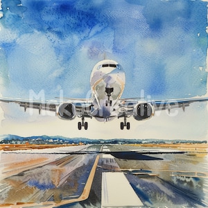 10 modèles d'atterrissage d'avion de haute qualité, aquarelle au décollage d'avion commercial, travaux manuels d'impression numérique, usage commercial, téléchargement immédiat
