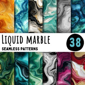 Puede incluir: Una colección de 38 patrones sin costuras con un diseño de mármol líquido. Los patrones presentan remolinos de color, incluyendo oro, azul, verde y negro. Las palabras "Liquid Marble" y "Seamless Patterns" se muestran en texto negro. También hay un círculo negro con el número 38 en verde azulado.