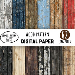 Op de afbeelding: Een digitaal papierpakket met 62 naadloze houtpatronen. De patronen bevatten verschillende houttexturen, waaronder verweerd, verweerd en geschilderd hout. De patronen zijn 30,48 cm bij 30,48 cm en 300 DPI.