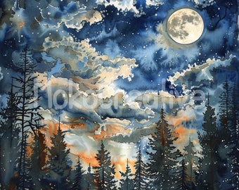 水彩画で描く月明かりの森の風景：夜空をモチーフにした16種類の